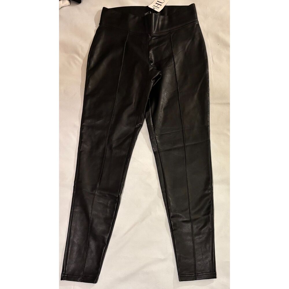Hue Faux Leather Seamed Wide Waistband Black Leggings Womens Medium NWT